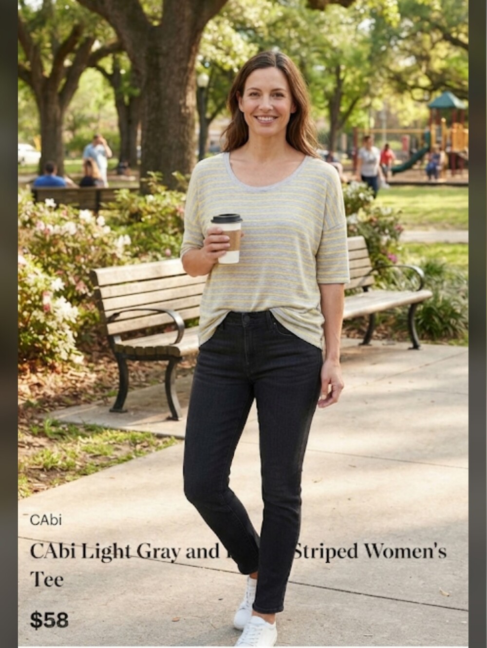 CAbi Light Gray and Yellow Striped Women’s Tee